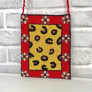 Vintage 90s Beaded Crossbody Purse Red Yellow Black Leopard Flowers Small Bag